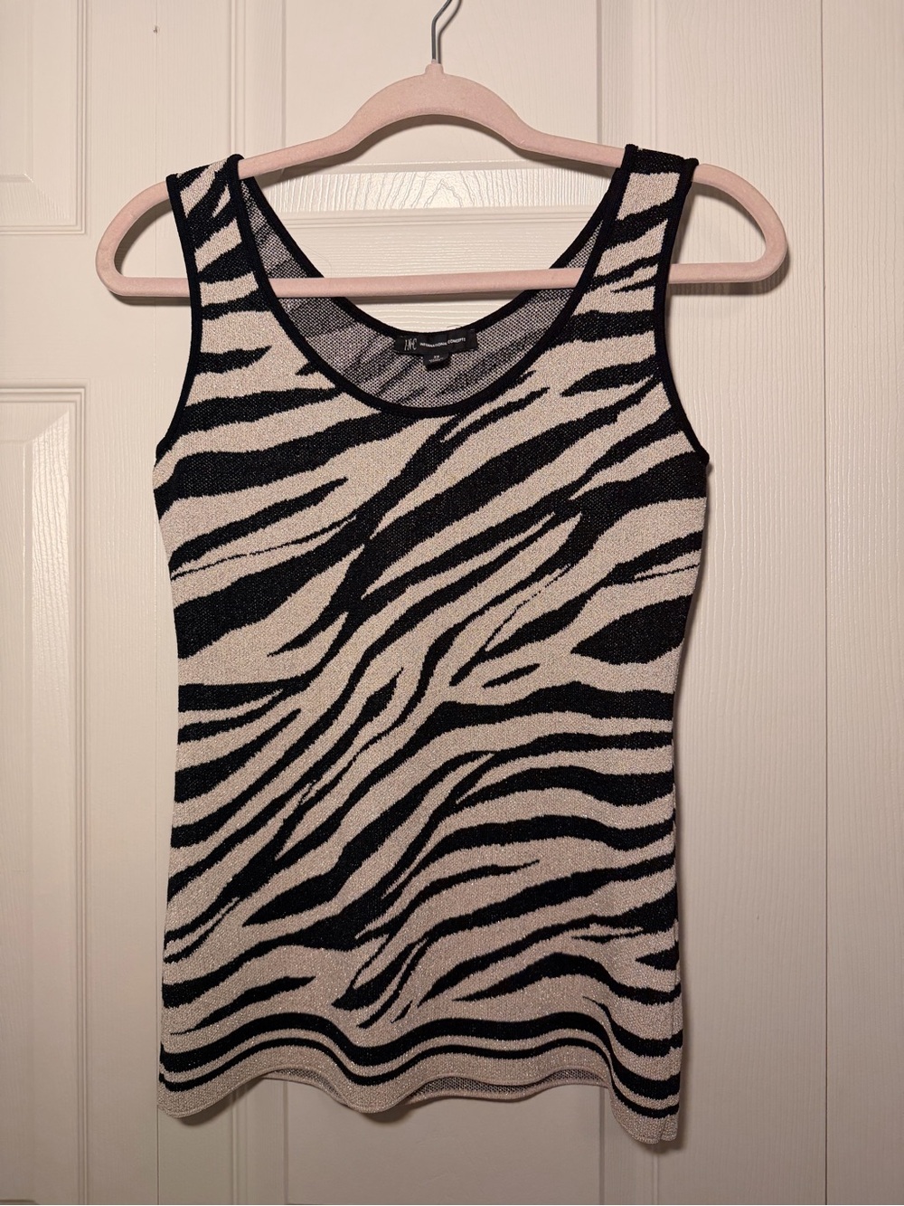 INC Black Beige XS Zebra Animal Print Metallic Shimmer Stretchy Knit Tank Top
